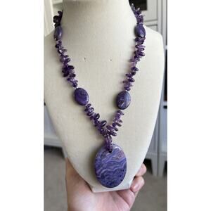 Amazing Amethyst Large Pendant With Amethyst Chips Vintage Necklace 925 Clasp
